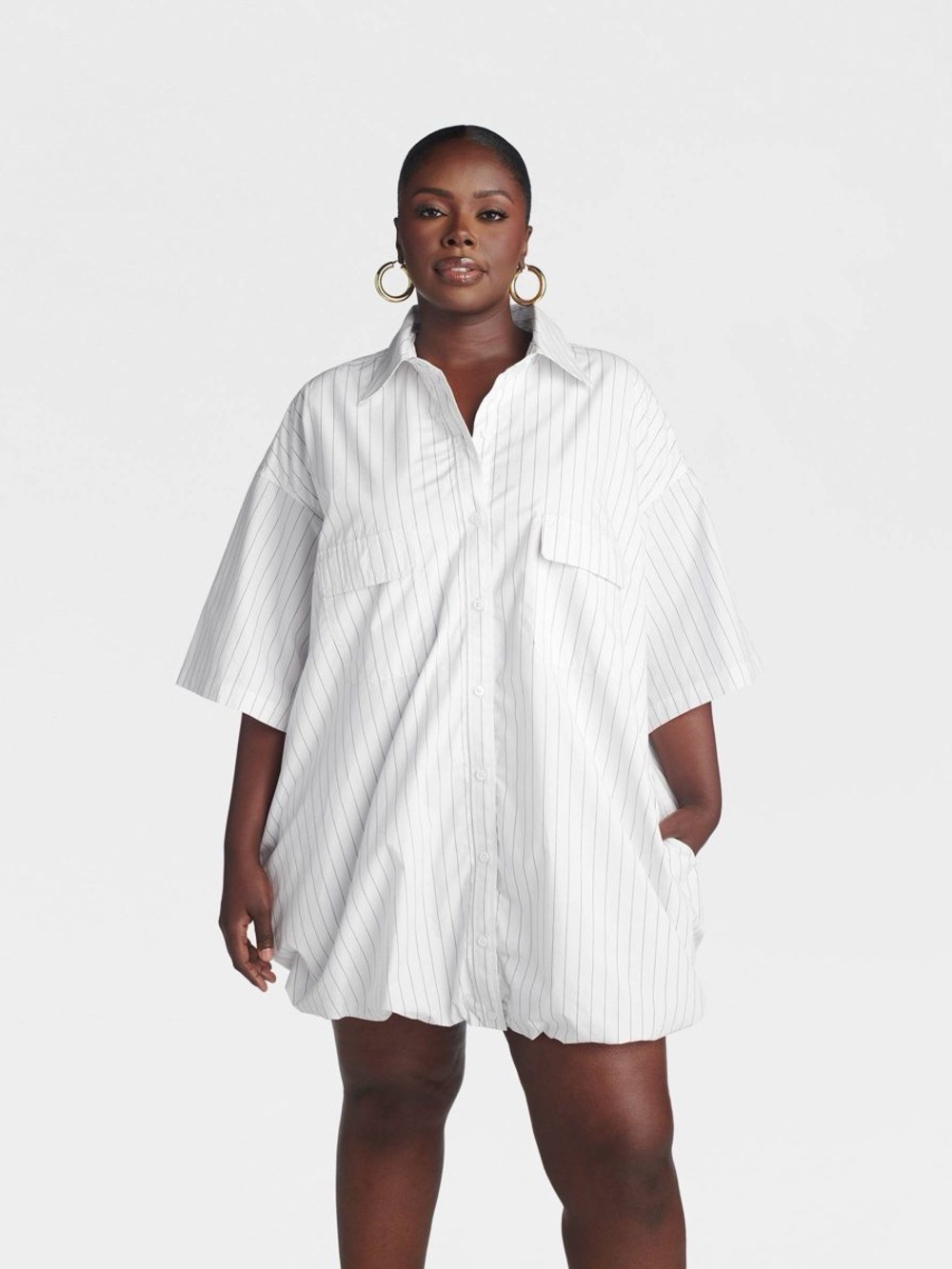 KBB by Kahlana Striped Bubble Hem Oversized Shirt Dress White Small